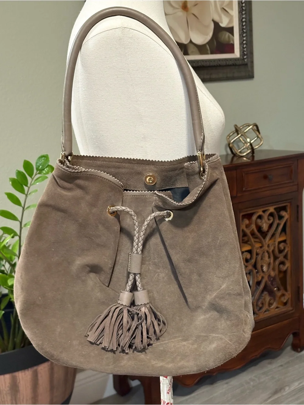 LK Bennett Taupe Suede Tassel Hobo Shoulder Bag